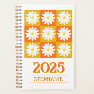 2025 Custom Name Retro Daisy Chequerboard Floral Planner