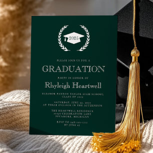 2025 Dark Green White Laurel Wreath Cap Grad Party Invitation