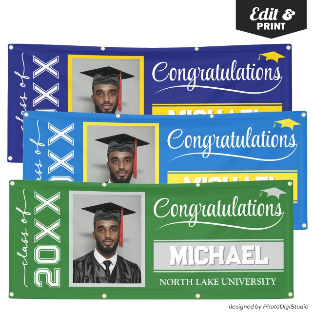 2025 Editable Graduation Banner with Name & School (2025 Editable Graduation Banner with Name & School, Green and Silver Banner Outdoor Horizontal)
