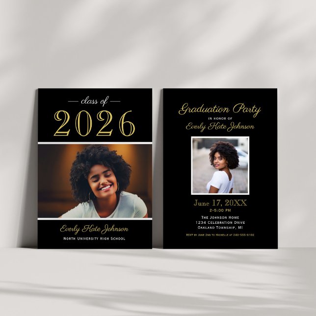 2025 Elegant Black Gold Photo Graduation Party Invitation (Creator Uploaded)