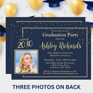 2025 Elegant Photo Blue Gold Graduation Party  Invitation