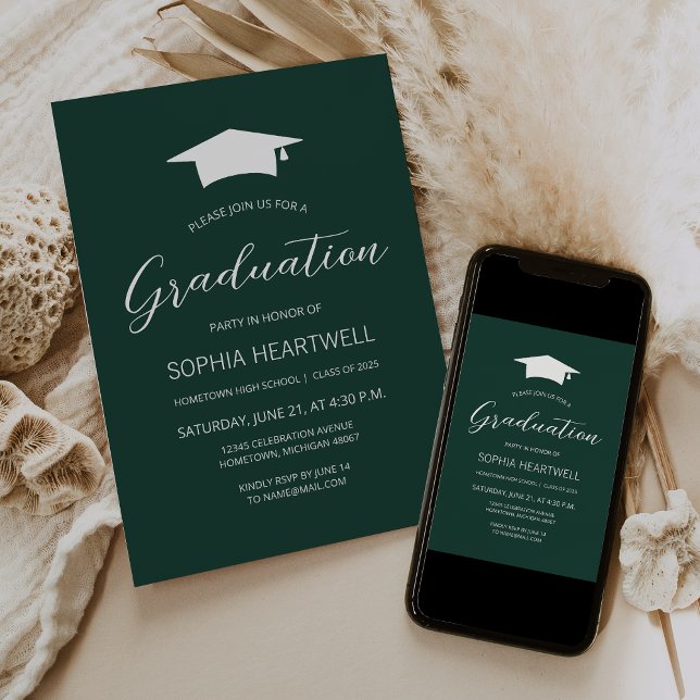 2025 Emerald Green White Cap Graduation Party Invitation (Creator Uploaded)