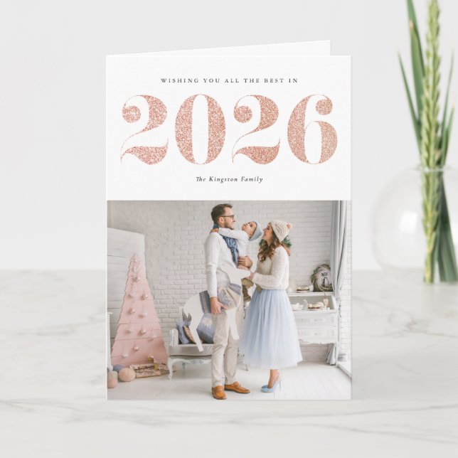 2025 Faux Rose Gold Glitter Modern Happy New Year Holiday Card (Front)