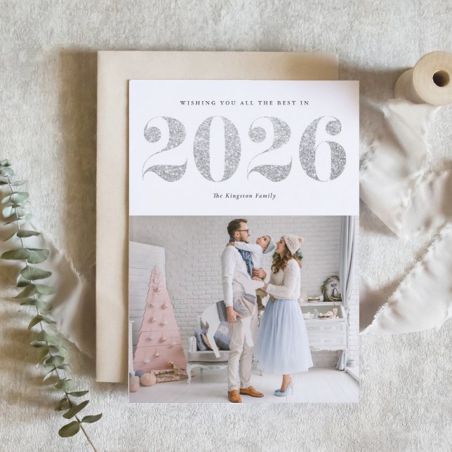 2025 Faux Silver Glitter Modern Happy New Year Holiday Card (Ring in 2026 with this sparkly Happy New Year photo card featuring faux silver glitter.)