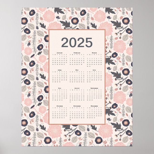 2025 Full Year Calendar Pink Grey Botanical Poster (Front)