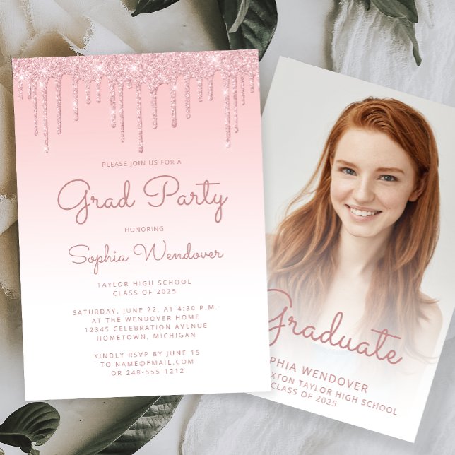 2025 Glam Blush Pink Glitter Drip Photo Graduation Invitation (Creator Uploaded)