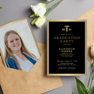 2025 gold black elegant MD photo graduation party Invitation
