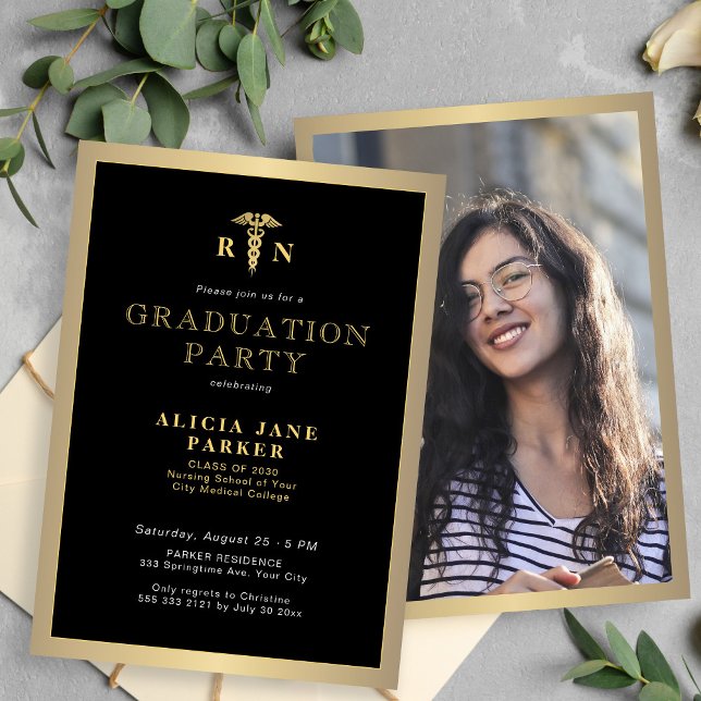 2025 gold black RN nurse graduation party Invitation (Creator Uploaded)