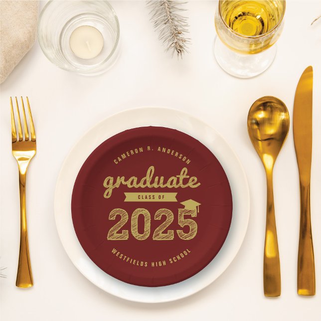 2025 Gold Bold Sketch Typography Graduation Party Paper Plate (2025 Gold Sketch Typography On Burgundy (customizable) Graduation Party Paper Plates @ fatfatin)