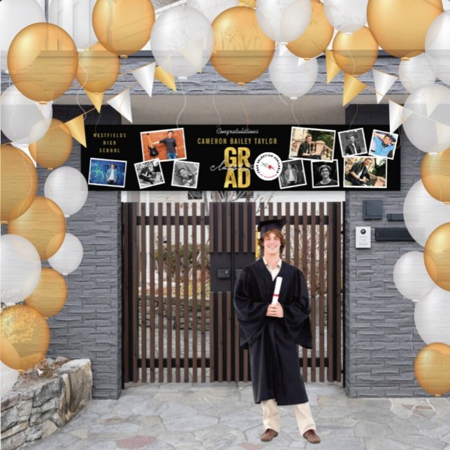 2025 Gold GRAD 10 Photo Modern Graduation Party Banner (Class Of 2025 Modern Bold Golden GRAD 9 Photo Graduation Party Banner @ www.zazzle.com/color_therapy)