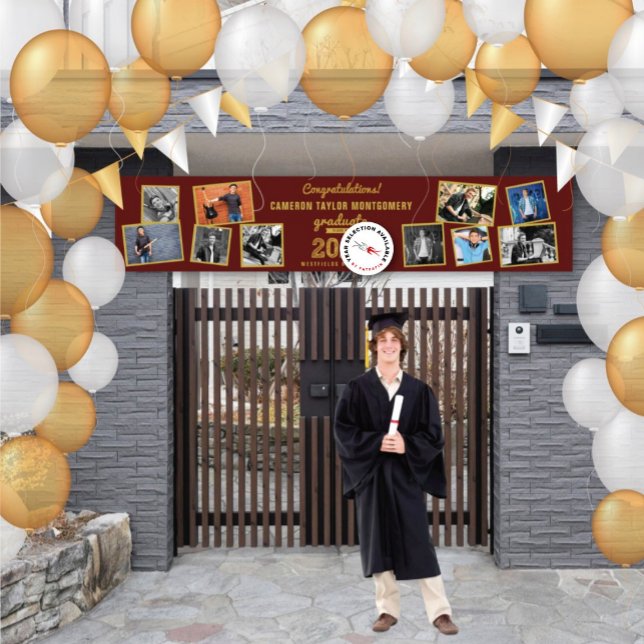 2025 Gold Sketch 10 Photo Collage Graduation Party Banner (20YY Maroon Red & Gold Sketch 10 Photo Modern Graduation Party Banner @ www.zazzle.com/color_therapy)