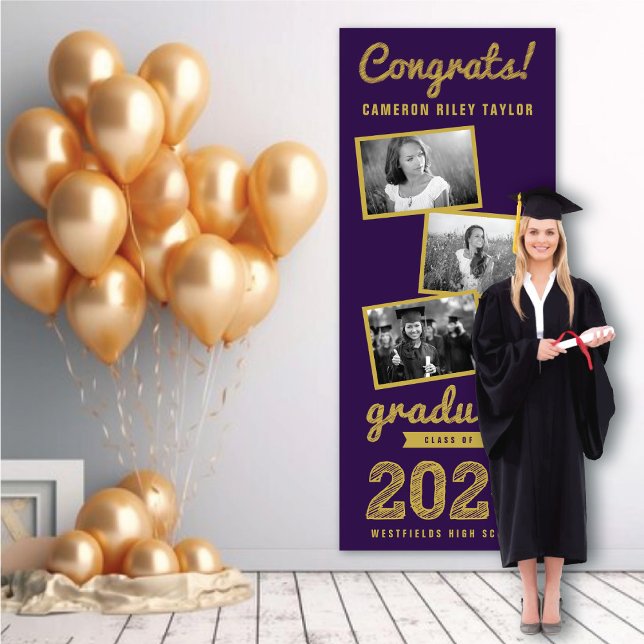 2025 Gold Sketch 3 Photo Collage Graduation Party Banner (2024 Purple & Gold Sketch 3 Photo Modern Graduation Party Banner @ www.zazzle.com/color_therapy)