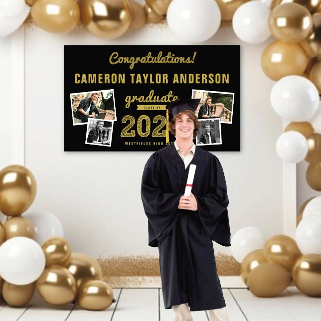 2025 Gold Sketch 4 Photo Congrats Graduation Party Banner (2024 Black And Gold Sketch 4 Photo Modern Graduation Party Banner @ www.zazzle.com/color_therapy)