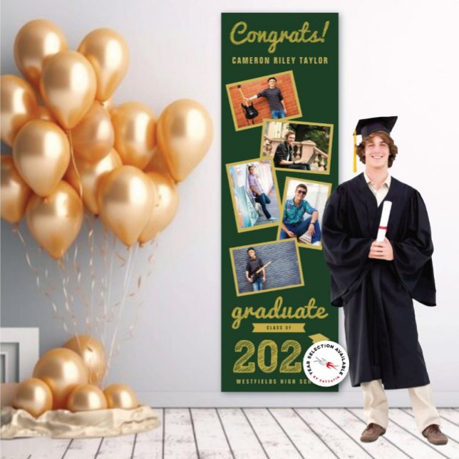 2025 Gold Sketch 5 Photo Collage Graduation Party Banner (20YY Dark Green & Gold Sketch, 5 Photo Graduation Party Banner @ www.zazzle.com/color_therapy)