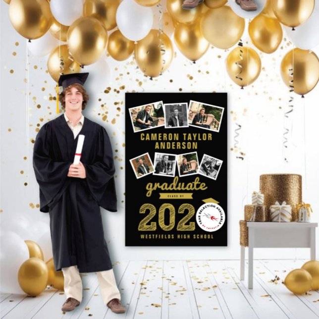 2025 Gold Sketch Grad 7 Photo Collage Graduation Poster (20YY Black And Gold Sketch 7 Photo Modern Graduation Party Poster @ www.zazzle.com/color_therapy)