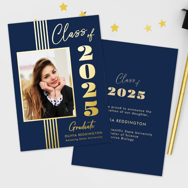 2025 Grad Announcement Photo Frame Navy Gold Foil (Creator Uploaded)