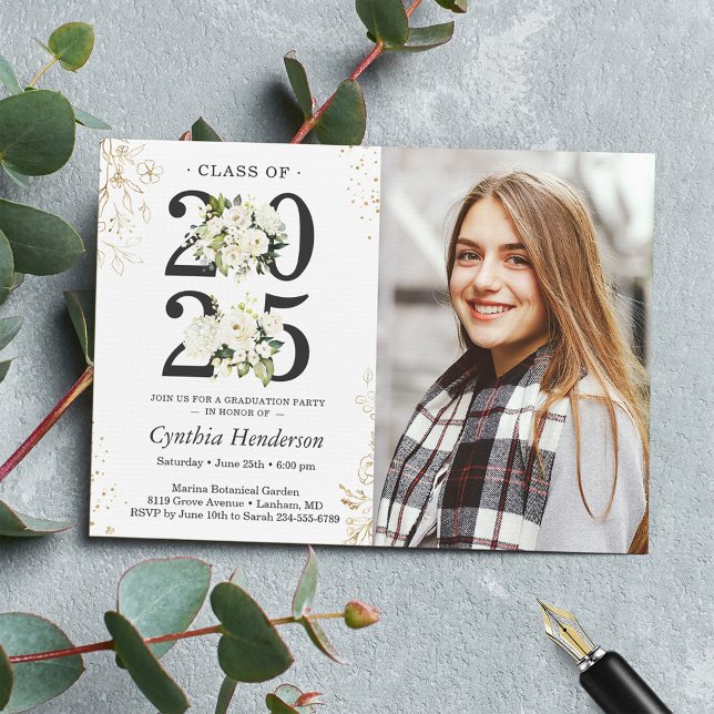 2025 Grad Photo Green White Floral Graduation Invitation (Creator Uploaded)
