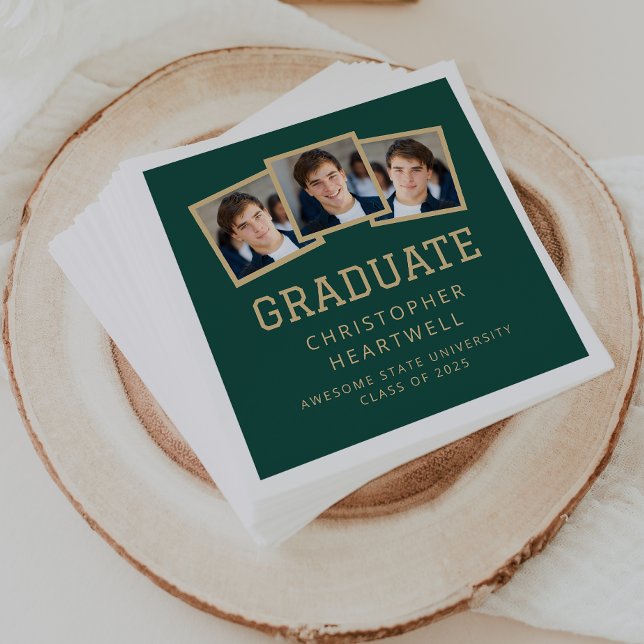 2025 Graduate 3-Photo Green Gold Napkin (Creator Uploaded)