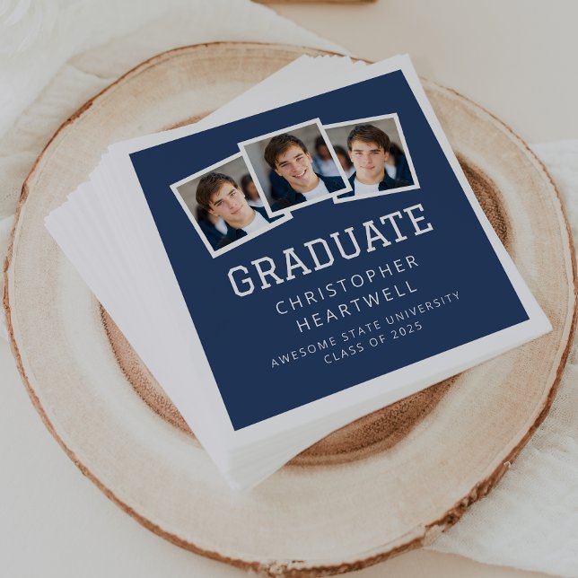 2025 Graduate 3-Photo Navy Blue White Napkin (Creator Uploaded)