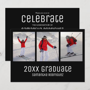 2025 Graduate Black 3 Photo Graduation Party Invitation