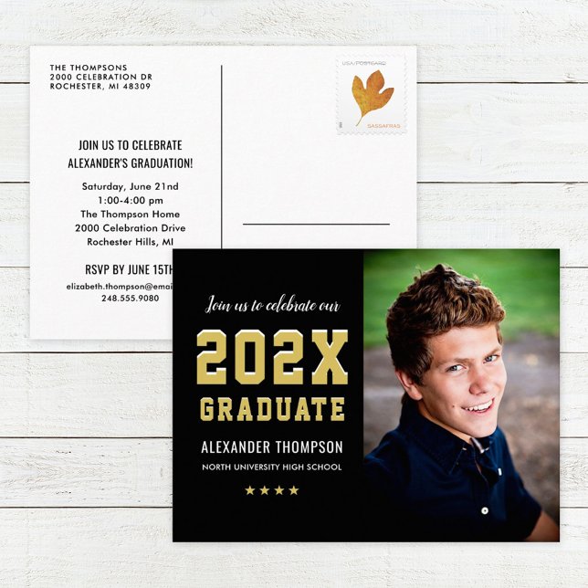 2025 Graduate Black Gold Graduation Party Photo Invitation Postcard (Creator Uploaded)