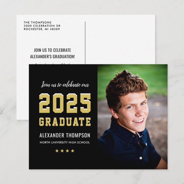 2025 Graduate Black Gold Graduation Party Photo Invitation Postcard (Front/Back)