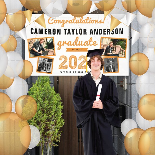 2025 Graduate Bold Sketch 4 Photo Graduation Party Banner (2024 White & Orange Sketch 4 Photo Modern Graduation Party Banner @ www.zazzle.com/color_therapy)