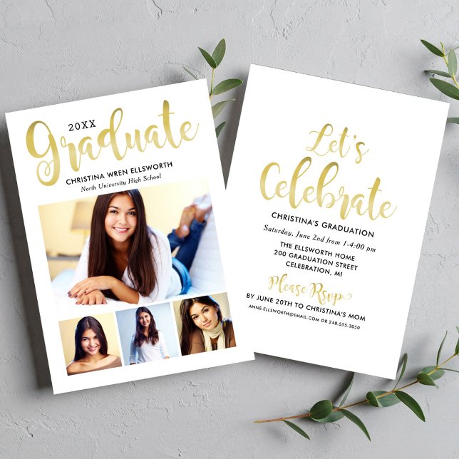 2025 Graduate Gold Script Photo Collage Party Invitation (Creator Uploaded)