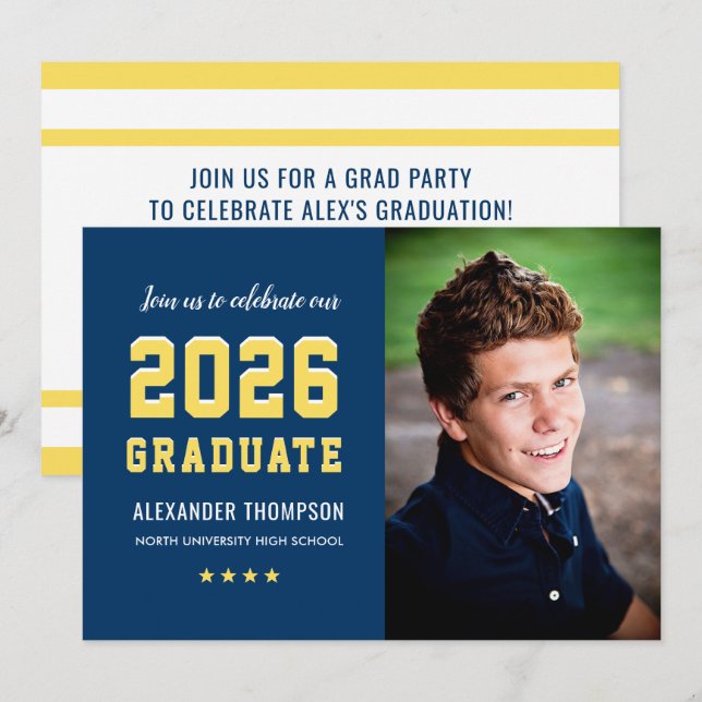 2025 Graduate Navy Yellow Graduation Party Photo Invitation (Front/Back)