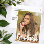 2025 Graduate Photo Chic Modern Script Overlay Postcard<br><div class="desc">Graduate is written in white handwritten script over your senior portrait photo makes a chic,  modern graduation announcement postcard. Customise with your name and high school or university class of 2025 under the bold typography and add your personal details on the back of these elegant text overlay graduate postcards.</div>