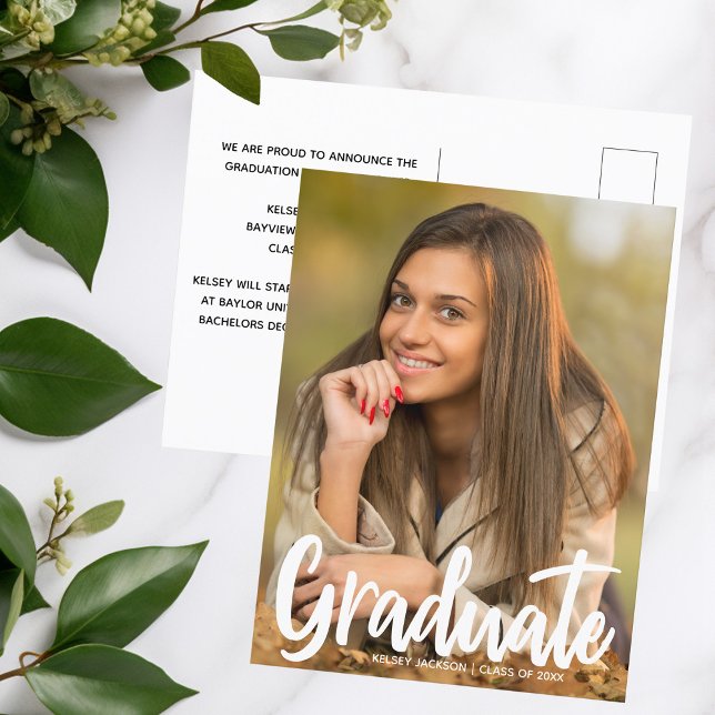 2025 Graduate Photo Chic Modern Script Overlay Postcard (Creator Uploaded)