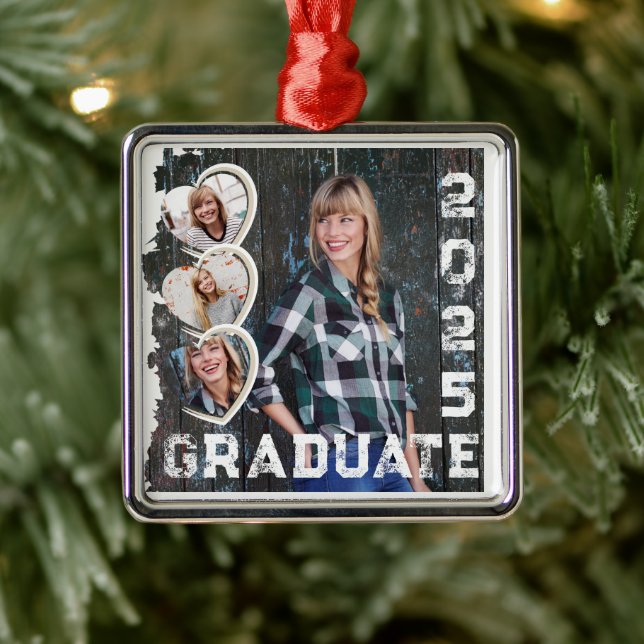2025 Graduate Photo Heart Grunge Metal Ornament (Tree)
