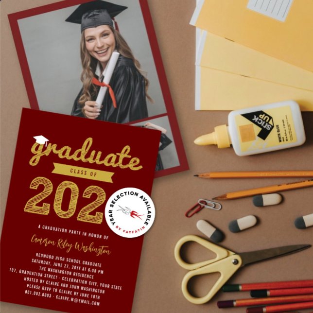 2025 Graduate Sketch 3 Photo Modern Grad Party Invitation (2025 Gold Graduate Sketch On Burgundy (color is customizable) Graduation Party Invitation @ fatfatin)