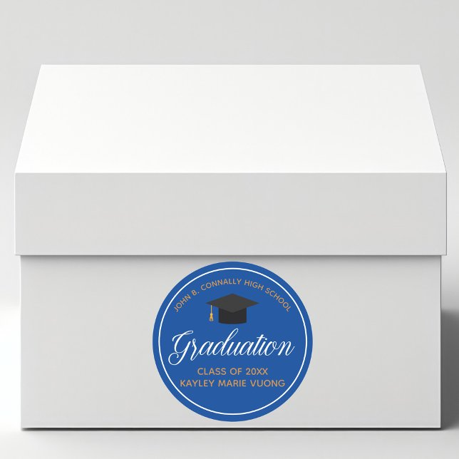 2025 Graduation Blue Gold Custom School Graduate Classic Round Sticker (Creator Uploaded)
