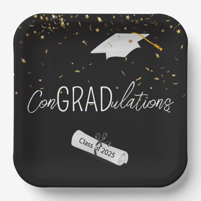 2025 Graduation Gold Confetti and Cap Paper Plate (Front)