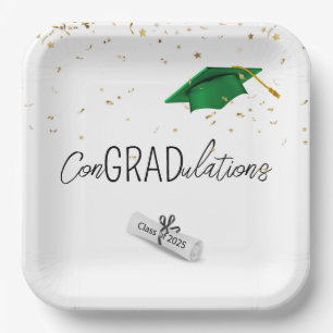 2025 Graduation Gold Confetti and Green Cap Paper Plate