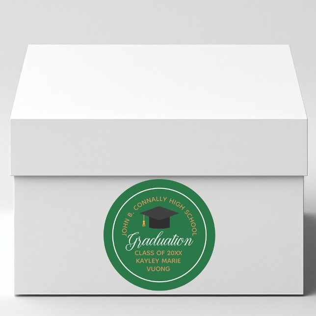 2025 Graduation Green Gold Custom School Party  Classic Round Sticker (Creator Uploaded)