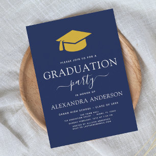 2025 Graduation Party Navy Blue Gold Elegant Invitation