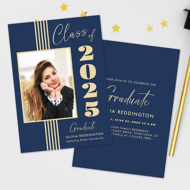 2025 Graduation Party Navy Gold Photo Frame  Invitation (Creator Uploaded)