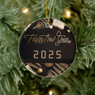 2025 Happy New Year  Black Custom Gold Business Ceramic Ornament