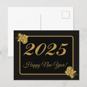 2025,Happy new year!gold flower & black background Postcard