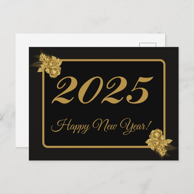 2025,Happy new year!gold flower & black background Postcard (Front/Back)