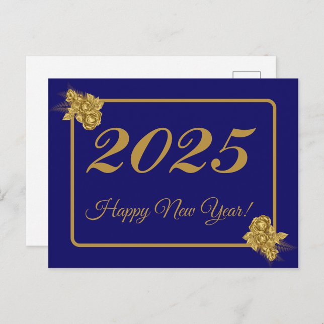 2025,Happy new year!gold flower & navy background Postcard (Front/Back)