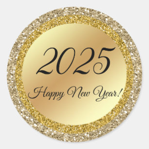2025 happy new year,gold metallic sparkles classic round sticker
