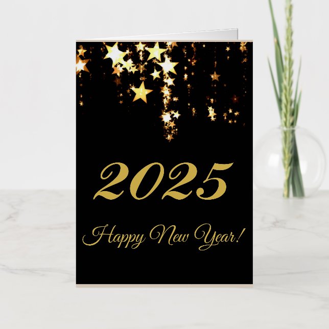 2025,Happy new year!gold stars & black background Foil Holiday Card (Front)