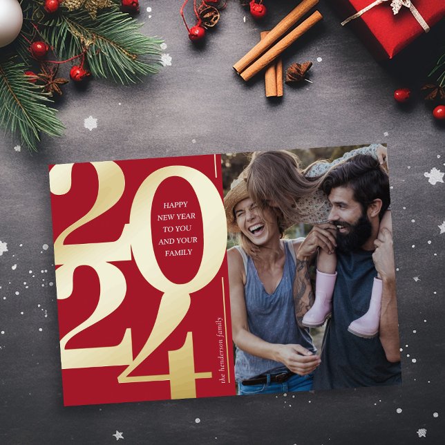 2025 Happy New Year Photo Red Gold Foil Holiday Card (Creator Uploaded)
