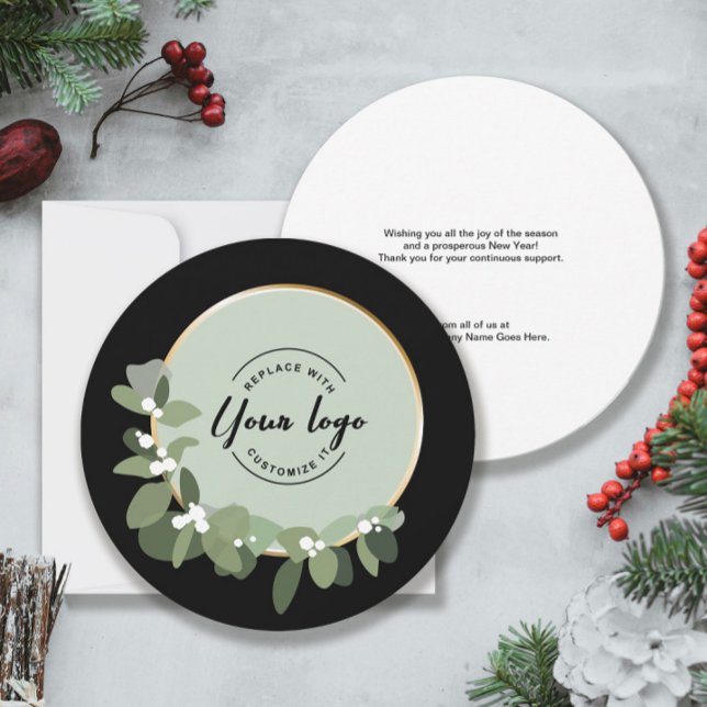 2025 Holiday Corporate Green Wreath Custom Logo Card (Unique business Christmas greeting card with custom logo and message.)