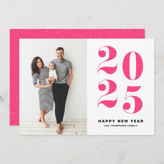 2025 Hot Pink Bold Typography New Year Photo Holiday Card (Front/Back)
