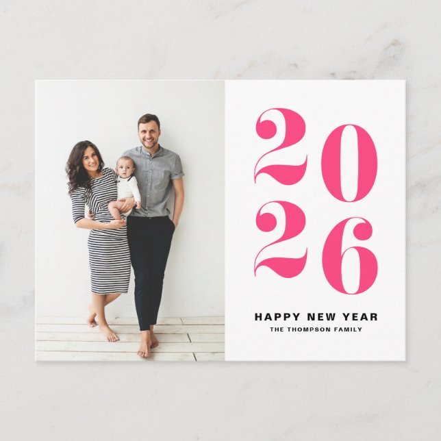 2025 Hot Pink Bold Typography New Year Photo Holiday Postcard (Front)