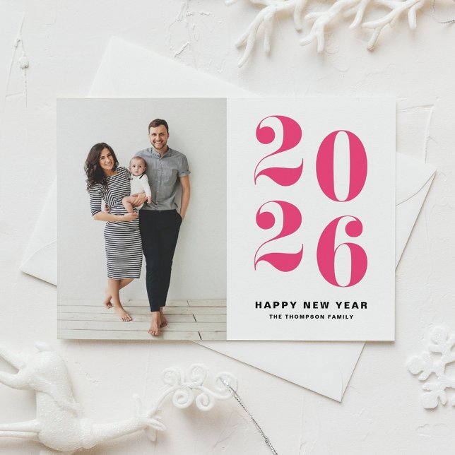 2025 Hot Pink Bold Typography New Year Photo Holiday Postcard (Ring in 2026 with this hot pink Happy New Year Photo Postcard featuring retro bold typography.)